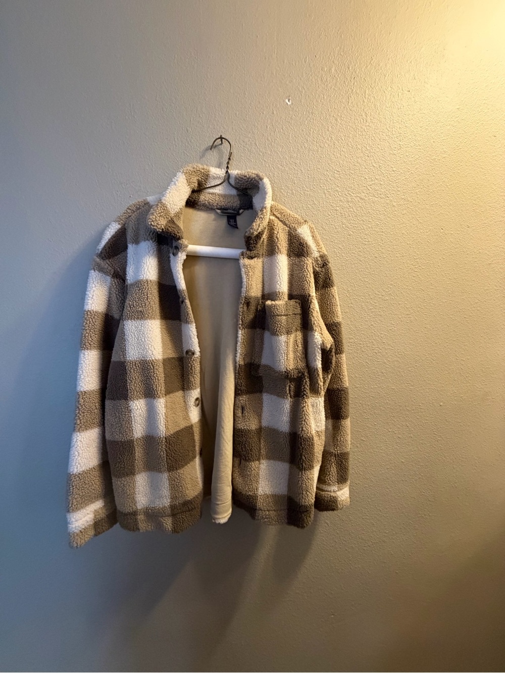 H&M Men's Sherpa Plaid Shirt Jacket - Brown & White